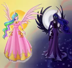 Size: 945x885 | Tagged: artist:marguarita33, clothes, derpibooru import, dress, elf ears, horned humanization, human, humanized, pony coloring, princess celestia, princess luna, royal sisters, safe, winged humanization, wings