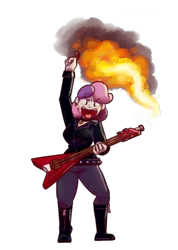 Size: 633x889 | Tagged: artist:secretgoombaman12345, derpibooru import, fire, flying v, guitar, human, humanized, meanie belle, pyro belle, safe, simple background, solo, sweetie belle, transparent background