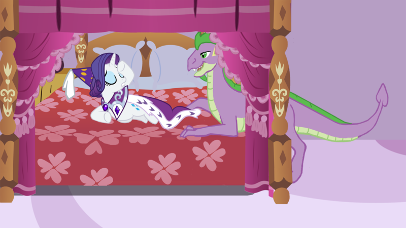 Size: 1920x1080 | Tagged: safe, artist:adamlhumphreys, artist:adcoon, artist:danton-damnark, artist:dlazerous, artist:purplefairy456, derpibooru import, edit, vector edit, princess platinum, rarity, spike, dragon, pony, unicorn, bed, bedroom, clothes, costume, male, older, older spike, shipping, sparity, straight, vector