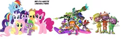 Size: 2288x776 | Tagged: safe, derpibooru import, applejack, fluttershy, pinkie pie, rainbow dash, rarity, spike, twilight sparkle, twilight sparkle (alicorn), alicorn, dragon, inkling, pony, crossover, mane six, splatoon, the floogals