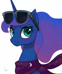 Size: 668x799 | Tagged: safe, artist:ehfa, derpibooru import, princess luna, alicorn, pony, blushing, clothes, female, looking at you, mare, scarf, simple background, smiling, solo, sunglasses, white background