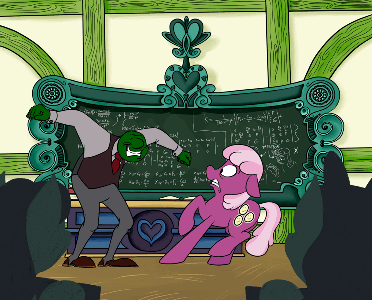 Size: 1340x1080 | Tagged: safe, artist:anontheanon, derpibooru import, cheerilee, oc, oc:anon, earth pony, human, pony, animated, apple, book, chalkboard, classroom, colored, do not want, female, filly, food, frame by frame, gif, hape, hug, human male, kissing, male, math, non-consensual cuddling, personal space invasion, ponyville schoolhouse, scared, snuggling, unwanted kiss