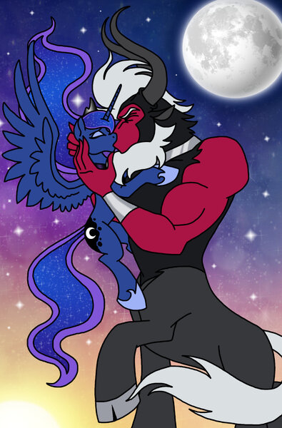 Size: 1024x1555 | Tagged: dead source, safe, artist:melspyrose, derpibooru import, lord tirek, princess luna, alicorn, pony, crack shipping, eyes closed, female, full moon, kissing, male, mare, moon, night, shipping, straight, tiluna