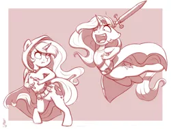 Size: 1200x900 | Tagged: anthro, armor, artist:silentwulv, cloak, clothes, commission, derpibooru import, duo, female, fight, kunai, kunoichi, mare, monochrome, ninja, open mouth, princess celestia, princess luna, royal sisters, safe, simple background, sisters, sword, unguligrade anthro, weapon