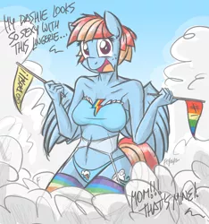 Size: 1000x1067 | Tagged: anthro, artist:flutterthrash, breasts, clothes, derpibooru import, dialogue, female, flag, garter belt, implied rainbow dash, lingerie, looking at you, milf, not creepy, panties, rainbow socks, socks, solo, solo female, stockings, striped socks, suggestive, thigh highs, underwear, windy whistles, wings