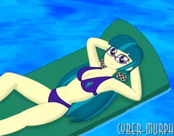 Size: 3093x2415 | Tagged: safe, artist:cyber-murph, derpibooru import, juniper montage, equestria girls, mirror magic, movie magic, spoiler:eqg specials, armpits, belly button, bikini, breasts, busty juniper montage, cleavage, clothes, female, floaty, glasses, midriff, pigtails, pool toy, relaxing, solo, swimming pool, swimsuit