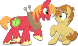 Size: 1600x961 | Tagged: safe, artist:jucamovi1992, derpibooru import, big macintosh, feather bangs, pony, hard to say anything, confrontation, duo, looking at each other, male, simple background, stallion, transparent background