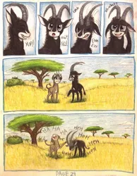 Size: 1070x1380 | Tagged: acacia tree, africa, animal in mlp form, antelope, artist:thefriendlyelephant, bush, cloven hooves, comic, comic:sable story, derpibooru import, dik dik, giant sable antelope, horns, laughing, oc, oc:kekere, oc:sabe, oc:uganda, safe, savanna, traditional art, tree, unofficial characters only