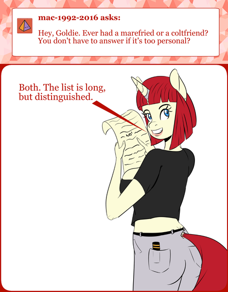 Size: 1000x1280 | Tagged: safe, artist:shelltoon, derpibooru import, oc, oc:golden hearth, unofficial characters only, anthro, unicorn, ask goldie, clothes, female, horn ring, innuendo, jeans, pants, solo, tumblr