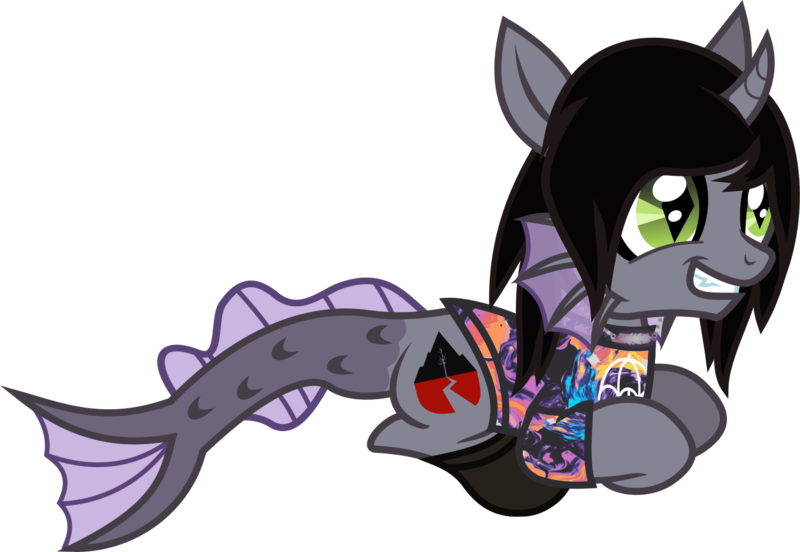 Size: 1447x999 | Tagged: safe, artist:lightningbolt, derpibooru import, ponified, ponified:kellin quinn, half-siren, hybrid, pony, unicorn, .svg available, bring me the horizon, clothes, curved horn, emo, eyeliner, fangs, fins, fish tail, glow, grin, hair over one eye, happy, horn, jewelry, makeup, male, messy mane, necklace, open mouth, ponyloaf, prone, shirt, shoes, simple background, sleeping with sirens, slit eyes, smiling, socks, solo, stallion, svg, t-shirt, transparent background, trap, vector