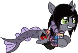 Size: 1447x999 | Tagged: safe, artist:lightningbolt, derpibooru import, ponified, ponified:kellin quinn, half-siren, hybrid, pony, unicorn, .svg available, bring me the horizon, clothes, curved horn, emo, eyeliner, fangs, fins, fish tail, glow, grin, hair over one eye, happy, horn, jewelry, makeup, male, messy mane, necklace, open mouth, ponyloaf, prone, shirt, shoes, simple background, sleeping with sirens, slit eyes, smiling, socks, solo, stallion, svg, t-shirt, transparent background, trap, vector