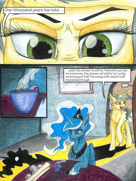 Size: 1024x1365 | Tagged: safe, artist:tillie-tmb, derpibooru import, princess luna, oc, oc:tempest, pony, unicorn, comic:the amulet of shades, coffee, comic, female, mare, traditional art