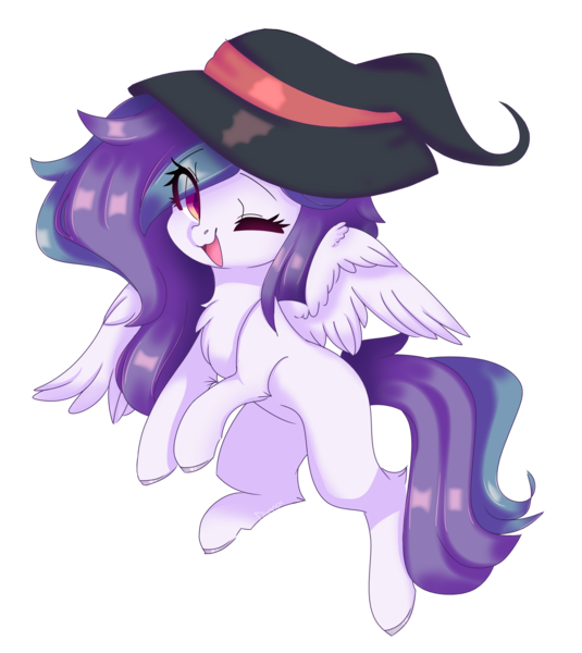 Size: 1618x1813 | Tagged: safe, artist:lnspira, derpibooru import, oc, oc:shylu, unofficial characters only, pegasus, pony, female, hat, mare, one eye closed, simple background, solo, transparent background, wink, witch hat
