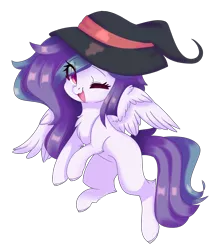 Size: 1618x1813 | Tagged: safe, artist:lnspira, derpibooru import, oc, oc:shylu, unofficial characters only, pegasus, pony, female, hat, mare, one eye closed, simple background, solo, transparent background, wink, witch hat