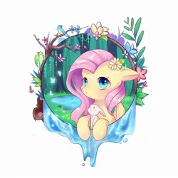 Size: 2362x2362 | Tagged: safe, artist:nitrogenowo, derpibooru import, angel bunny, fluttershy, bird, butterfly, pegasus, pony, blushing, bust, cute, female, floppy ears, flower, flower in hair, forest, leaning, looking at you, mare, nature, outdoors, pond, portrait, shyabetes, simple background, tree, water, white background