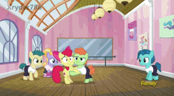 Size: 854x470 | Tagged: safe, derpibooru import, screencap, apple bloom, berry star, shining passion, shuffle step, waltzer, pony, on your marks, animated, dance studio, dancing, gif, spinning