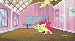 Size: 854x470 | Tagged: dead source, safe, derpibooru import, screencap, apple bloom, ballet jubilee, berry star, shining passion, shuffle step, strawberry swing, waltzer, pony, on your marks, animated, dance studio, dancing, dizzy, gif, spinning