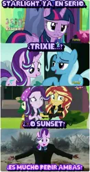 Size: 753x1440 | Tagged: safe, derpibooru import, edit, edited screencap, screencap, starlight glimmer, sunset shimmer, trixie, twilight sparkle, twilight sparkle (alicorn), alicorn, pony, equestria girls, mirror magic, no second prances, spoiler:eqg specials, iron man, screencap comic, spanish