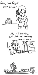 Size: 416x828 | Tagged: safe, artist:jargon scott, derpibooru import, oc, oc:horsey husband, oc:human wifey, unofficial characters only, human, pony, bald, black and white, comic, computer, dialogue, flower, food, grayscale, grazing, horses doing horse things, keyboard, monochrome, parody, simple background, white background, working