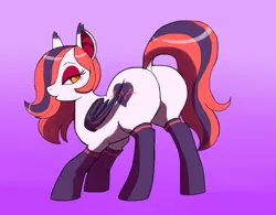 Size: 1405x1096 | Tagged: artist needed, source needed, suggestive, derpibooru import, oc, oc:arrhythmia, unofficial characters only, bat pony, pony, bedroom eyes, clothes, dock, female, folded wings, hair over one eye, large butt, plot, presenting, purple background, raised tail, simple background, solo, solo female, stockings, tail, thigh highs