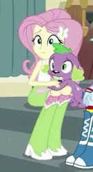 Size: 234x432 | Tagged: safe, derpibooru import, screencap, fluttershy, spike, spike the regular dog, dog, dance magic, equestria girls, spoiler:eqg specials, boots, clothes, female, offscreen character, puppy, skirt, socks, striped socks