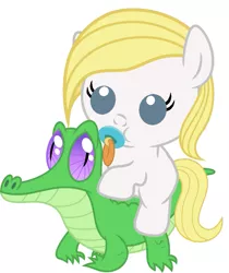 Size: 811x967 | Tagged: safe, artist:red4567, derpibooru import, gummy, oc, ponified, pony, ashleigh ball, ashleighbetes, baby, baby pony, cute, ocbetes, pacifier, ponies riding gators, riding, simple background, white background