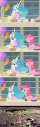Size: 1240x3944 | Tagged: safe, derpibooru import, edit, edited screencap, screencap, pinkie pie, princess celestia, pony, a bird in the hoof, balloon, cake, comic, cupcake, eating, eyes closed, food, lidded eyes, meme, moon, munching, now you fucked up, open mouth, pie, pinkamena diane pie, puffy cheeks, sad, sandwich, screencap comic, sitting, smiling, straight mane, this ended in journey to the moon, this ended in tears, to the moon, tyrant celestia, whoops