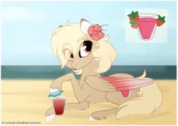 Size: 1280x907 | Tagged: safe, artist:frostedpuffs, derpibooru import, oc, oc:strawberry daiquiri, unofficial characters only, pegasus, pony, beach, female, mare, prone, solo