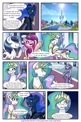 Size: 1024x1536 | Tagged: safe, artist:yogfan, derpibooru import, princess cadance, princess celestia, princess luna, shining armor, pony, comic:but i do now, armor, comic, crystal empire, crystal guard, crystal guard armor, laughing, the legend of zelda