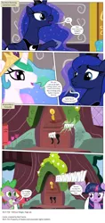 Size: 3300x6983 | Tagged: safe, artist:perfectblue97, derpibooru import, princess celestia, princess luna, spike, twilight sparkle, dragon, earth pony, pony, comic:without magic, absurd resolution, blank flank, canterlot castle, comic, earth pony twilight, fart, golden oaks library