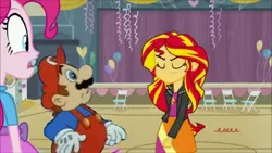 Size: 1280x720 | Tagged: safe, artist:mariopiequevedod, derpibooru import, edit, edited screencap, screencap, pinkie pie, sunset shimmer, equestria girls, crossover, dic, mario, nintendo, super mario bros., super mario bros. 3, super mario bros. super show, the adventures of super mario bros. 3