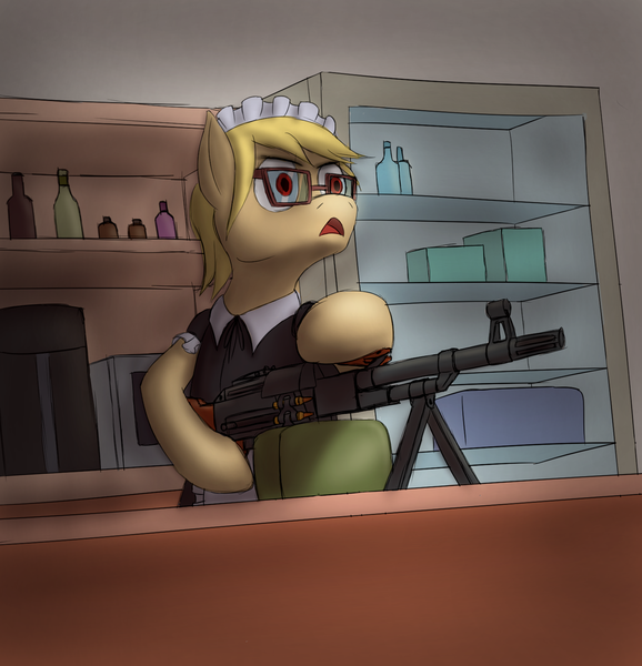 Size: 1458x1513 | Tagged: safe, artist:panzerhi, derpibooru import, oc, unofficial characters only, earth pony, pony, bar, clothes, context is for the weak, female, glasses, gun, machine gun, maid, mare, pkm, pub, solo, weapon