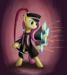 Size: 1990x2200 | Tagged: safe, artist:panzerhi, derpibooru import, fluttershy, pony, bipedal, bullet, cap, hard clothes, hat, motion blur, saber, solo, standing, weapon