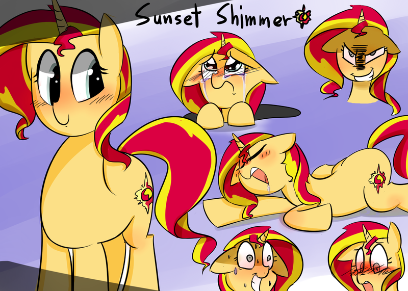 Size: 1400x1000 | Tagged: safe, artist:zouyugi, derpibooru import, sunset shimmer, pony, unicorn, blushing, crying, cute, drool, expressions, female, floppy ears, frown, grin, majestic as fuck, mare, nervous, open mouth, prone, shimmerbetes, sleeping, smiling, solo, sweat, wide eyes