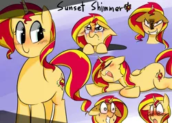 Size: 1400x1000 | Tagged: safe, artist:zouyugi, derpibooru import, sunset shimmer, pony, unicorn, blushing, crying, cute, drool, expressions, female, floppy ears, frown, grin, majestic as fuck, mare, nervous, open mouth, prone, shimmerbetes, sleeping, smiling, solo, sweat, wide eyes