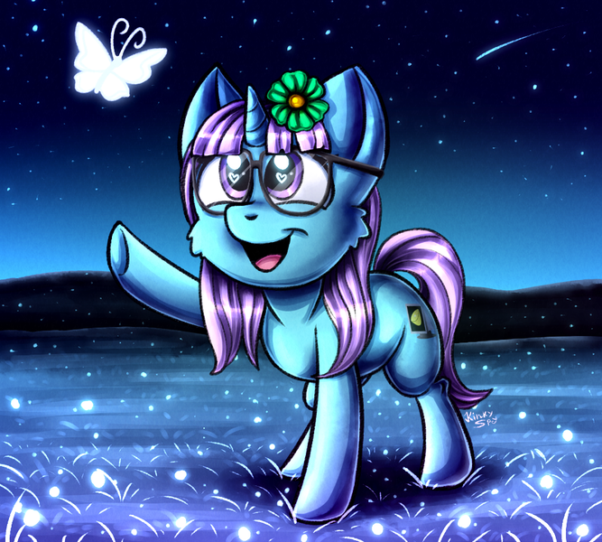 Size: 1000x900 | Tagged: safe, artist:kinky_spy, derpibooru import, oc, oc:lemon code, unofficial characters only, butterfly, pony, unicorn, comet, female, flower, flower in hair, glasses, night, outdoors, solo, ych result