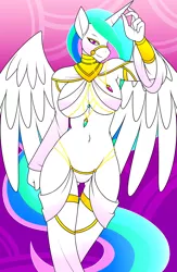 Size: 3900x6000 | Tagged: suggestive, artist:marik azemus34, derpibooru import, princess celestia, alicorn, anthro, pony, absurd resolution, armpits, bedroom eyes, belly button, belly dancer, belly dancer outfit, big breasts, bocas top, breasts, bridle, busty princess celestia, clothes, female, jewelry, looking at you, mare, multicolored mane, multicolored tail, regalia, seductive, smiling, solo, solo female, tack, wings
