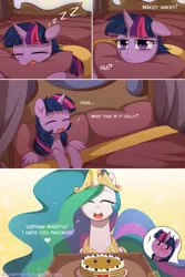 Size: 2000x3000 | Tagged: dead source, safe, artist:verawitch, derpibooru import, princess celestia, twilight sparkle, twilight sparkle (alicorn), alicorn, pony, bed, blushing, breakfast in bed, comic, dialogue, fairandfaithful, female, food, lesbian, morning ponies, nuzzling, pancakes, shipping, sleeping, twilestia, zzz