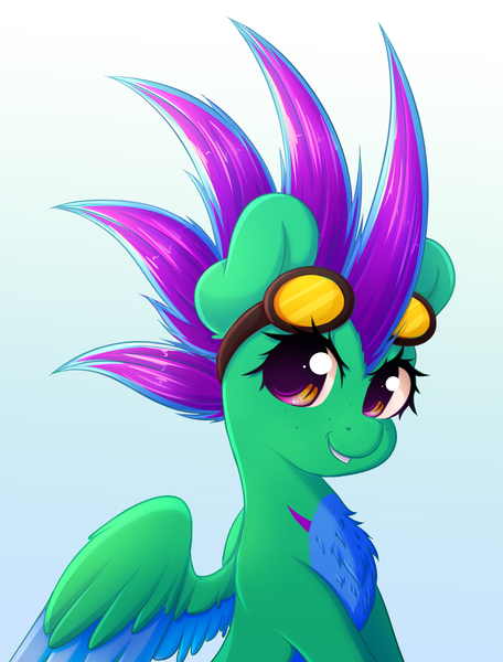 Size: 2280x3000 | Tagged: safe, artist:fluffymaiden, derpibooru import, oc, oc:sparrow, unofficial characters only, pegasus, pony, bust, chest fluff, female, goggles, gradient background, high res, mare, portrait, solo