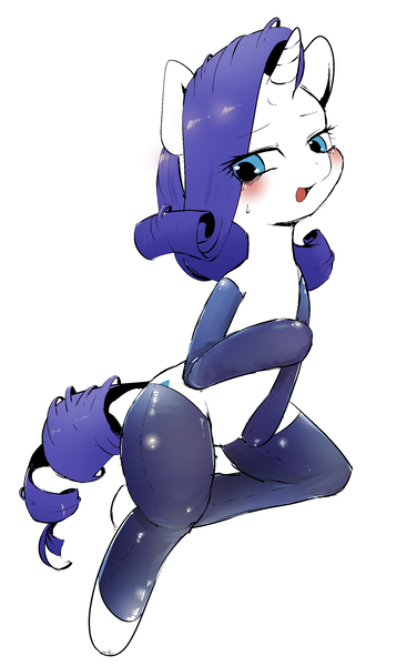 Size: 1689x2692 | Tagged: suggestive, artist:yajima, derpibooru import, rarity, semi-anthro, blushing, clothes, female, image, latex, png, simple background, socks, solo, solo female, stockings, sweat, sweatdrop, thigh highs, white background