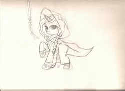 Size: 2333x1696 | Tagged: safe, artist:silversthreads, derpibooru import, oc, oc:silverthread, unofficial characters only, pony, unicorn, cloak, clothes, crossover, jedi, jedi knight, lightsaber, sketch, solo, star wars, traditional art, weapon