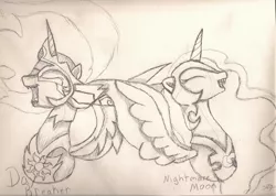 Size: 2330x1658 | Tagged: safe, artist:silversthreads, derpibooru import, daybreaker, nightmare moon, alicorn, pony, a royal problem, daily sketch, evil laugh, sketch, traditional art