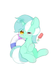 Size: 1446x2039 | Tagged: safe, artist:sealko, derpibooru import, lyra heartstrings, pony, unicorn, food, ice cream, inner tube, levitation, looking at you, magic, one eye closed, popsicle, simple background, sitting, smiling, solo, telekinesis, transparent background, wink