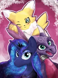 Size: 2621x3500 | Tagged: safe, artist:gab0o0, derpibooru import, princess luna, dragon, pony, renamon, crossover, cynder, digimon, female, looking at you, male, mare, pink background, simple background, spyro the dragon, the legend of spyro, trio