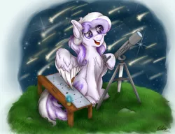 Size: 1280x985 | Tagged: safe, artist:check3256, derpibooru import, oc, oc:starstorm slumber, unofficial characters only, pegasus, pony, adorkable, cute, dork, fluffy, shooting star, solo, starry eyes, telescope, wing hands, wingding eyes