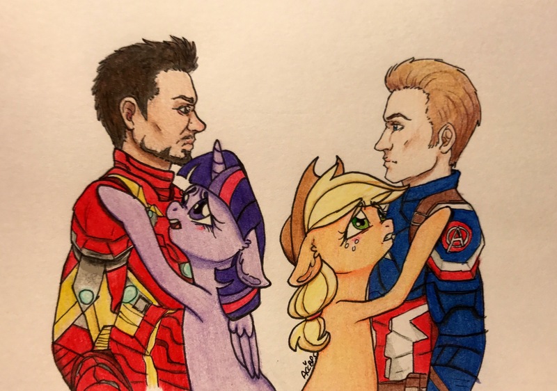 Size: 3292x2312 | Tagged: safe, artist:ameliacostanza, derpibooru import, applejack, twilight sparkle, twilight sparkle (alicorn), alicorn, human, pony, captain america, captain america: civil war, commission, crossover, intervention, iron man, steve rogers, tony stark, traditional art