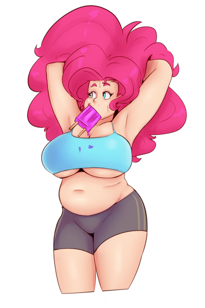 Size: 897x1349 | Tagged: armpits, artist:sundown, belly button, breasts, busty pinkie pie, chubby, clothes, derpibooru import, female, food, human, humanized, pinkie pie, plump, popsicle, simple background, solo, solo female, suggestive, sweat, underboob, white background