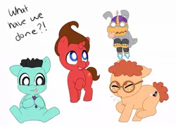 Size: 941x677 | Tagged: safe, artist:lazycast, derpibooru import, ponified, pony, :p, action figure, carl wheezer, flying, glasses, goddard, inhaler, jimmy neutron, sheen estevez, simple background, sneezing, tongue out, what has science done, white background