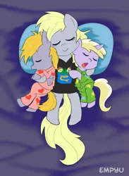 Size: 733x1000 | Tagged: safe, artist:empyu, derpibooru import, crackle pop, derpy hooves, dinky hooves, pegasus, pony, unicorn, bed, clothes, colt, cracklebetes, cute, derpabetes, dinkabetes, equestria's best mother, female, filly, male, mare, mother and daughter, mother and son, pajamas, pillow, sleeping, smiling, trio, yawn