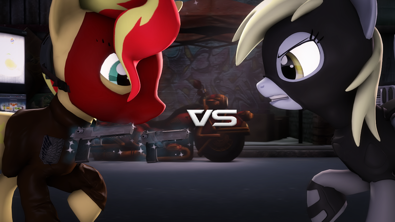 Size: 1280x720 | Tagged: safe, artist:redaceofspades, derpibooru import, derpy hooves, sunset shimmer, pony, 3d, batman, clothes, cosplay, costume, crossover, dc comics, desert eagle, dual pistols, dual wield, duo, female, injustice 2, injustice gods among us, jason todd, looking at each other, mare, mask, red hood, source filmmaker, video game